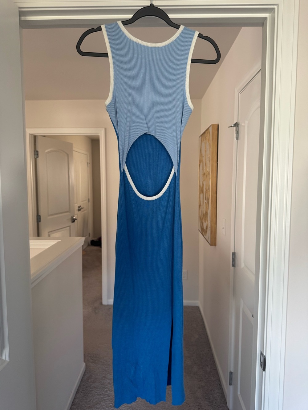 Blue Ribbed Maxi Dress Cutout Contrast Trim Y2K Reversible